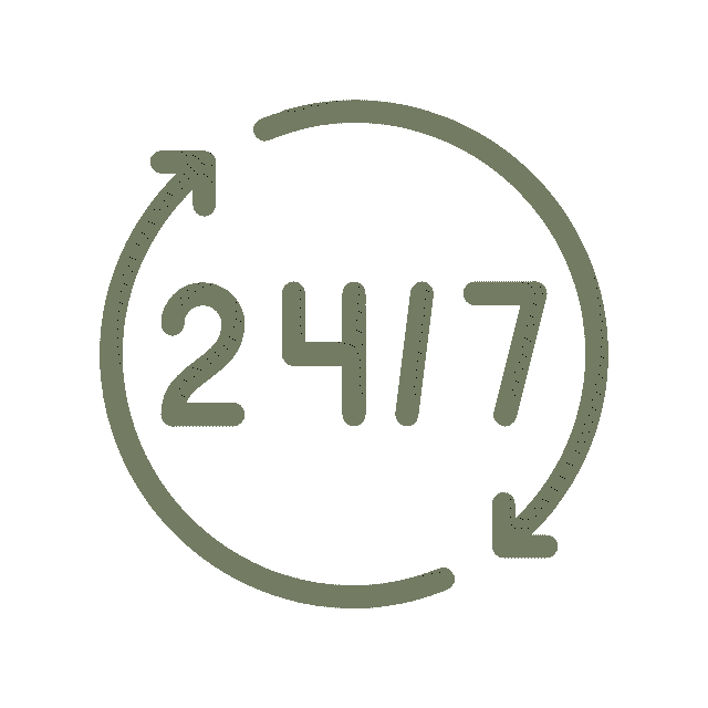 A green circular arrow surrounds the text "24/7," indicating your veterinarian is available at all times, offering vet services 24 hours a day, 7 days a week.